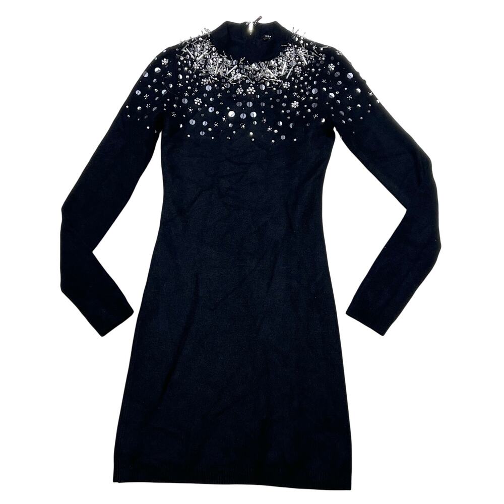 Marciano Sequin Beaded Mini Sweater Dress Size XS Black Pixie Long Sleeve Used